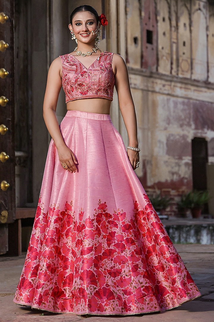 Pink Dupion Silk Digital Floral Printed Flared Lehenga Set by Scakhi at Pernia's Pop Up Shop