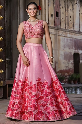 Pink Dupion Silk Digital Floral Printed Flared Lehenga Set by Scakhi Luxe