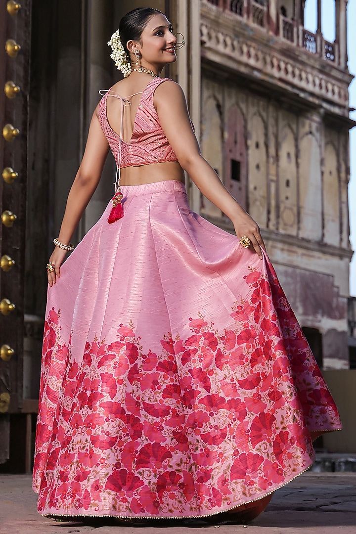 Pink Dupion Silk Digital Floral Printed Flared Lehenga Set by Scakhi Luxe at Pernia's Pop Up Shop