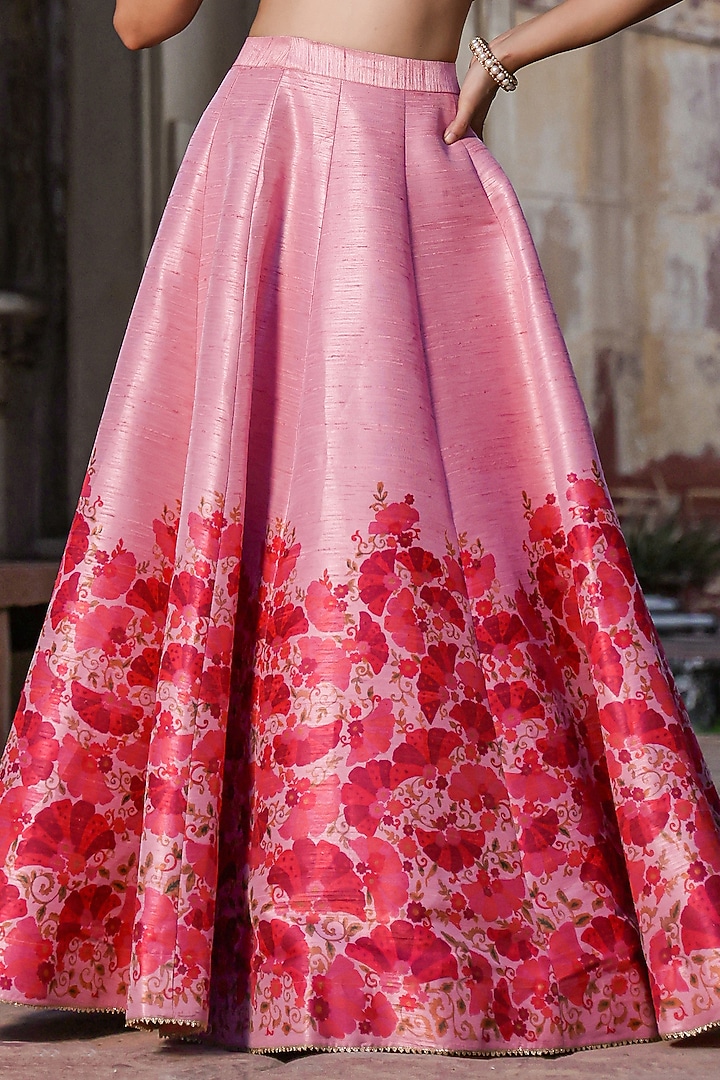 Pink Dupion Silk Digital Floral Printed Flared Lehenga Set by Scakhi Luxe at Pernia's Pop Up Shop