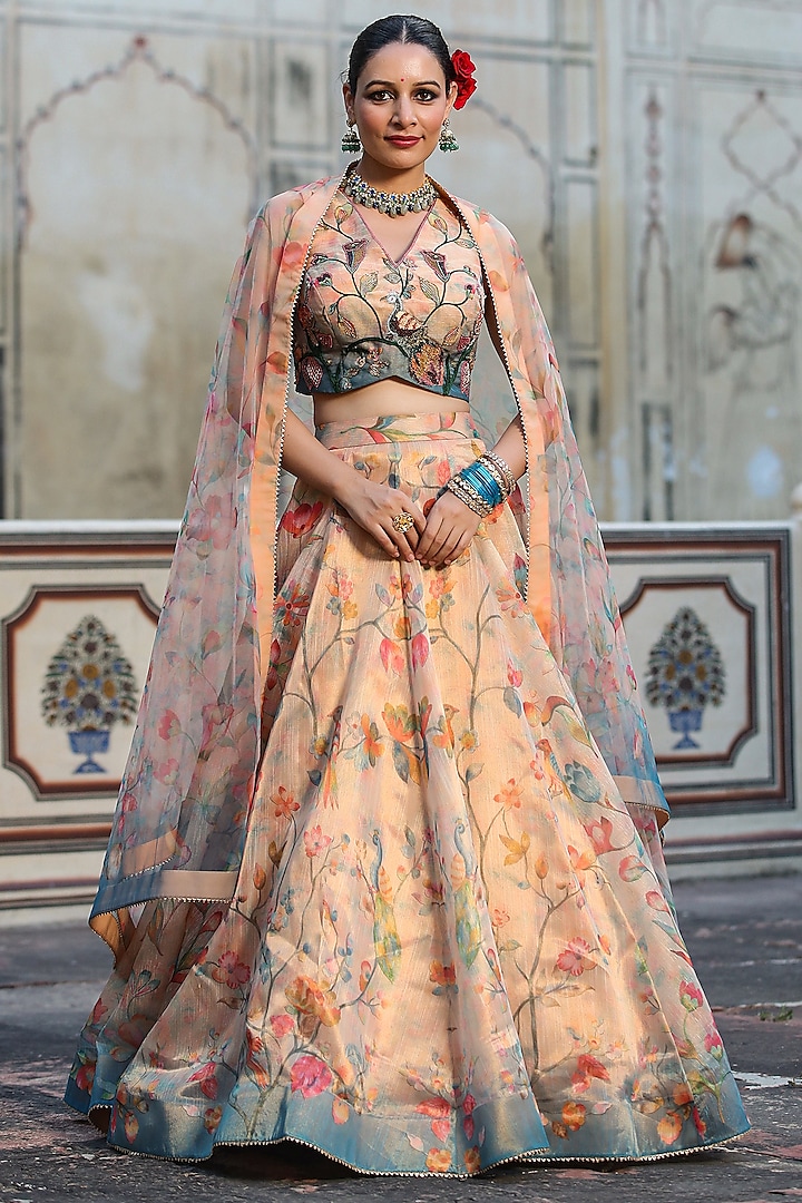 Beige Tissue Zari Floral Printed Kalidar Lehenga Set by Scakhi at Pernia's Pop Up Shop