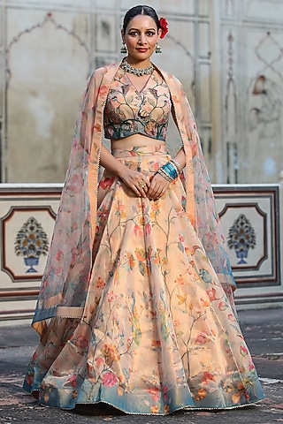 Beige Tissue Zari Floral Printed Kalidar Lehenga Set by Scakhi Luxe