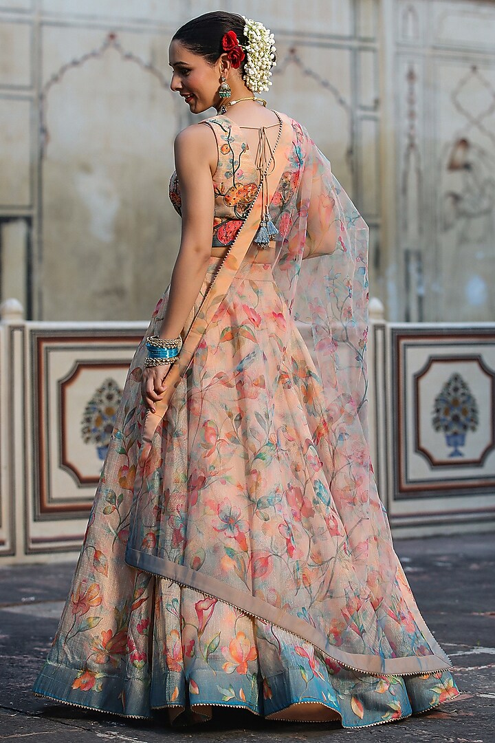 Beige Tissue Zari Floral Printed Kalidar Lehenga Set by Scakhi Luxe at Pernia's Pop Up Shop