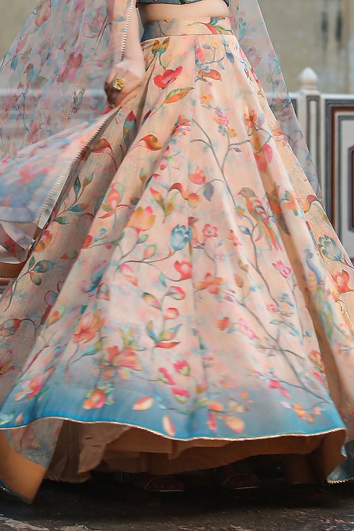 Beige Tissue Zari Floral Printed Kalidar Lehenga Set by Scakhi Luxe at Pernia's Pop Up Shop