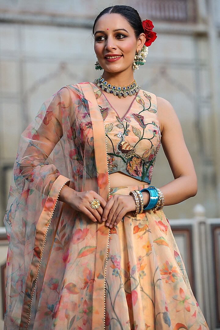 Beige Tissue Zari Floral Printed Kalidar Lehenga Set by Scakhi Luxe at Pernia's Pop Up Shop