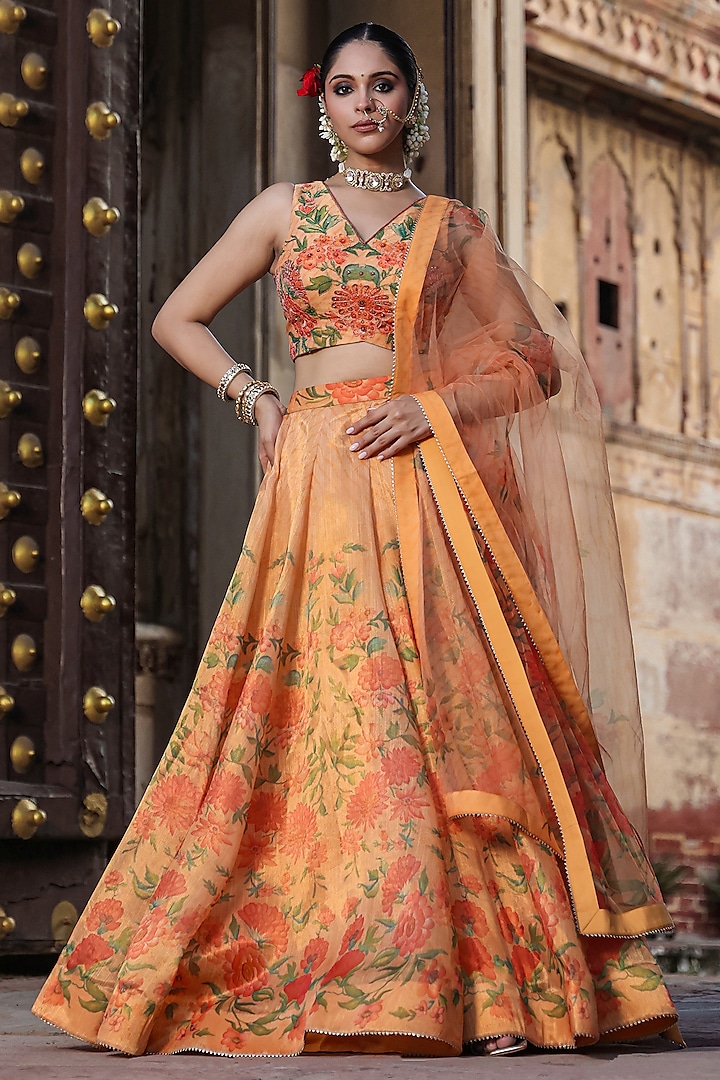 Attractive Orange Thread Embroidered Silk Wedding Wear Semi Stitched  Lehenga Choli, Stitched Lehengas Online