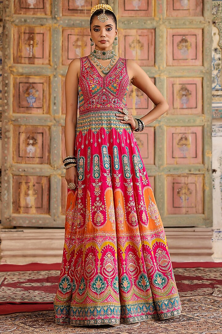 Pink Crepe Silk Banarasi Jacquard Hand Embellished Anarkali Gown by Scakhi  at Pernia's Pop Up Shop 2026