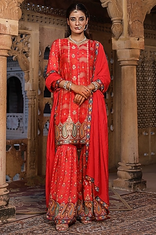 Red Viscose Shantoon Bandhani Printed Sharara Set by Scakhi Luxe