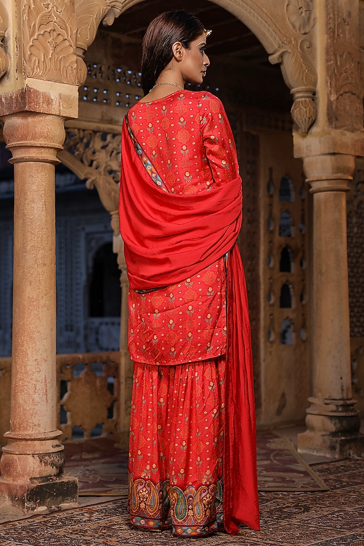 Red Viscose Shantoon Bandhani Printed Party Wear Sharara Set by Scakhi Luxe at Pernia's Pop Up Shop