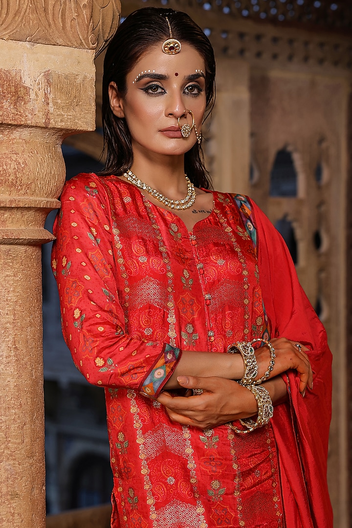 Red Viscose Shantoon Bandhani Printed Party Wear Sharara Set by Scakhi Luxe at Pernia's Pop Up Shop