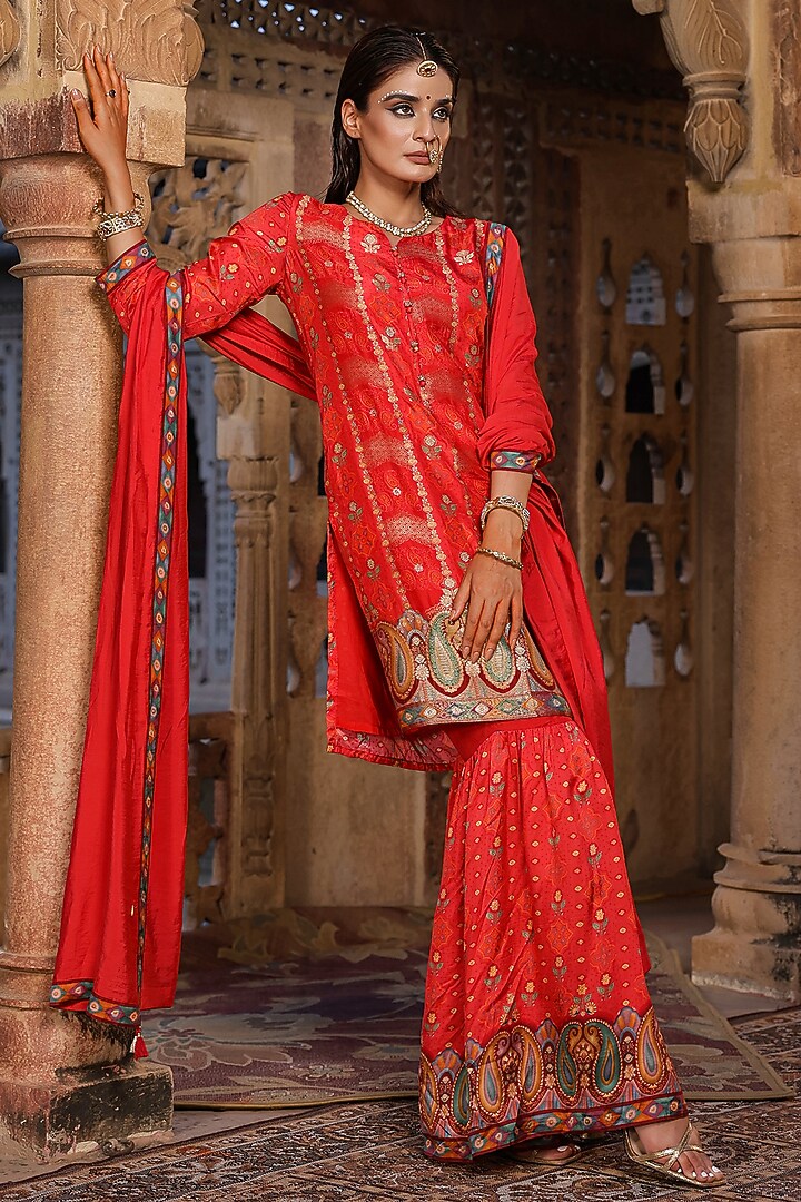 Red Viscose Shantoon Bandhani Printed Party Wear Sharara Set by Scakhi Luxe at Pernia's Pop Up Shop