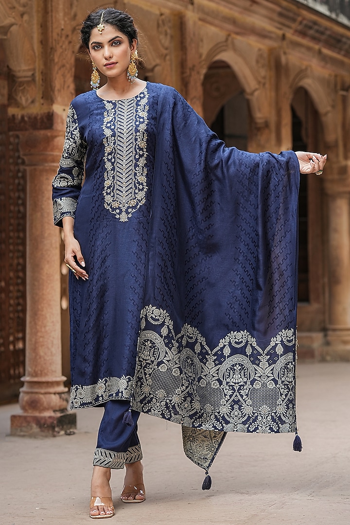 Dark Blue Dola Silk Jacquard Sequins Embellished Kurta Set by Scakhi