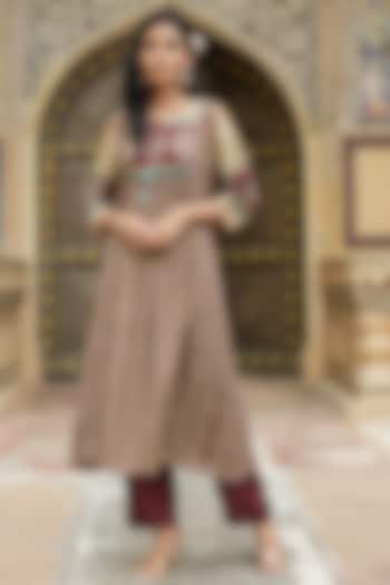 Burgundy Muslin Silk Ajrakh Printed Pleated Kurta Set by Scakhi Luxe at Pernia's Pop Up Shop