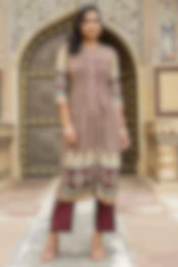 Burgundy Muslin Silk Ajrakh Printed Pleated Kurta Set by Scakhi Luxe at Pernia's Pop Up Shop