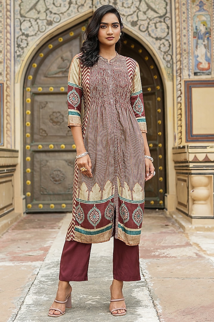 Burgundy Muslin Silk Ajrakh Printed Pleated Kurta Set by Scakhi Luxe at Pernia's Pop Up Shop