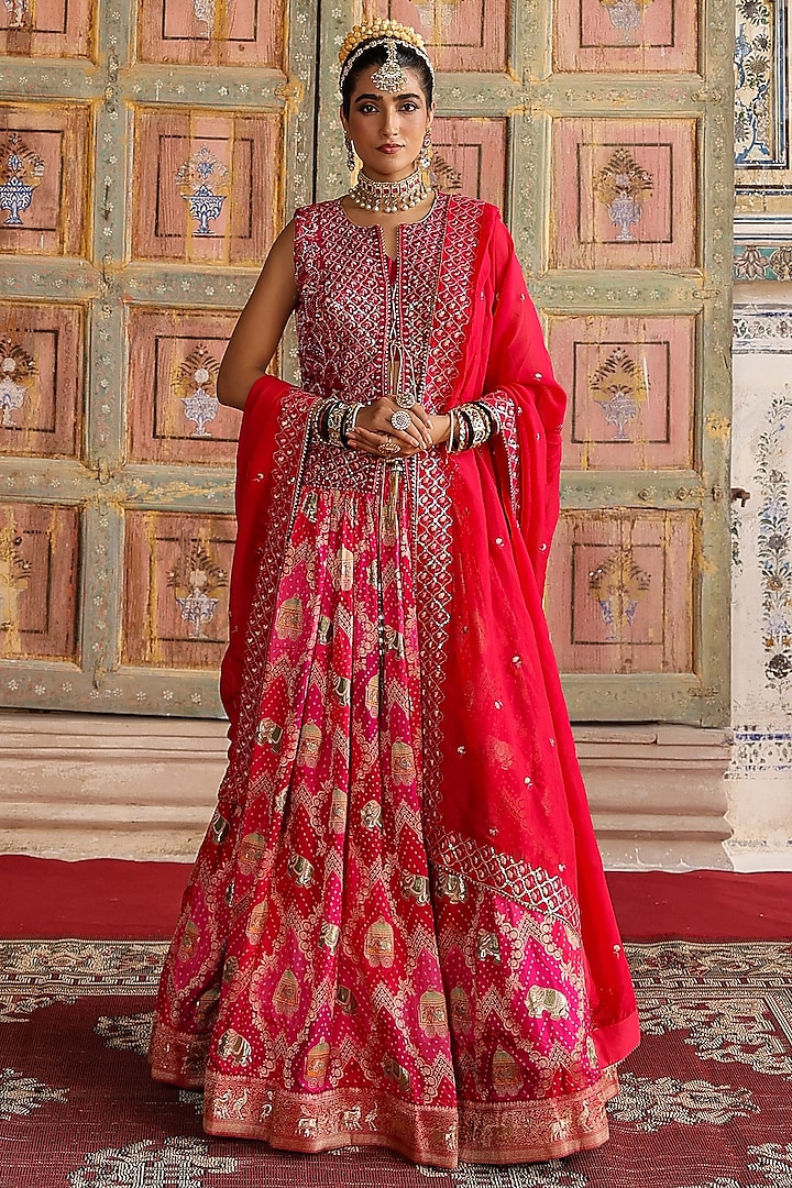 Pink Banarasi Jacquard Bandhani Printed Jacket Lehenga Set by Scakhi