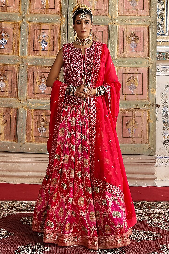 Pink Banarasi Jacquard Bandhani Printed Jacket Lehenga Set by Scakhi