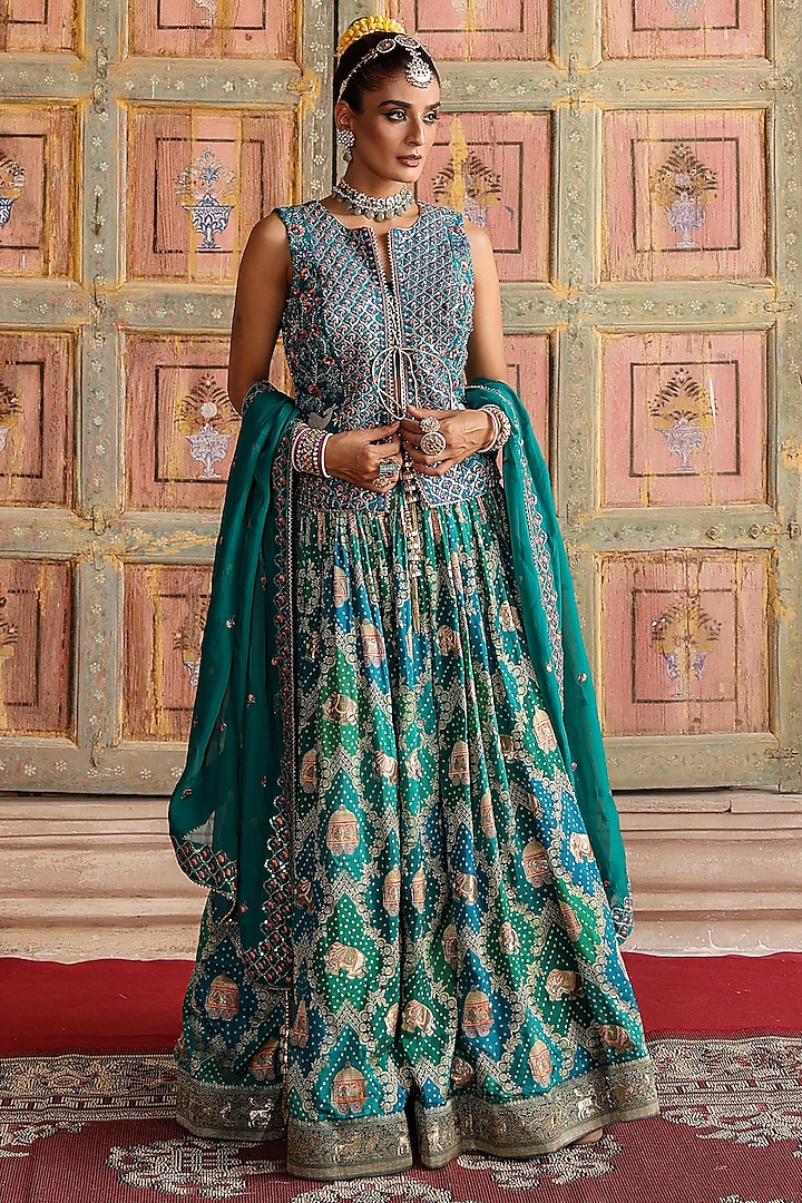 Teal Banarasi Jacquard Bandhani Printed Jacket Lehenga Set by Scakhi