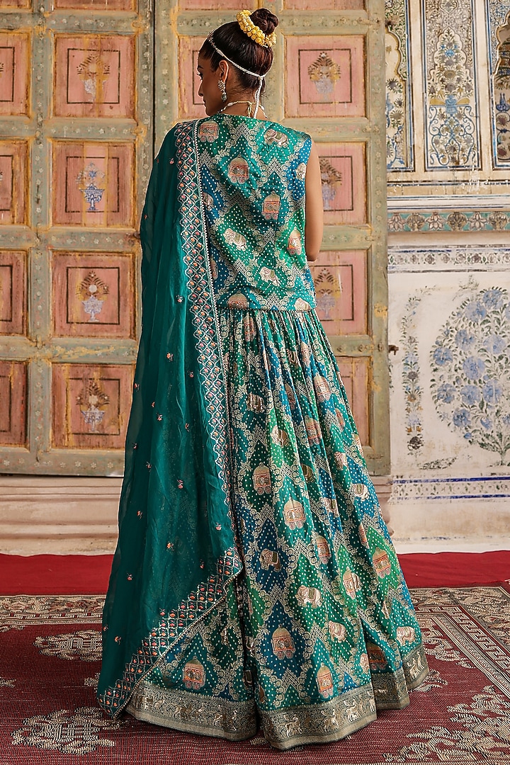 Teal Banarasi Jacquard Bandhani Printed Jacket Wedding Lehenga Set by Scakhi Luxe at Pernia's Pop Up Shop