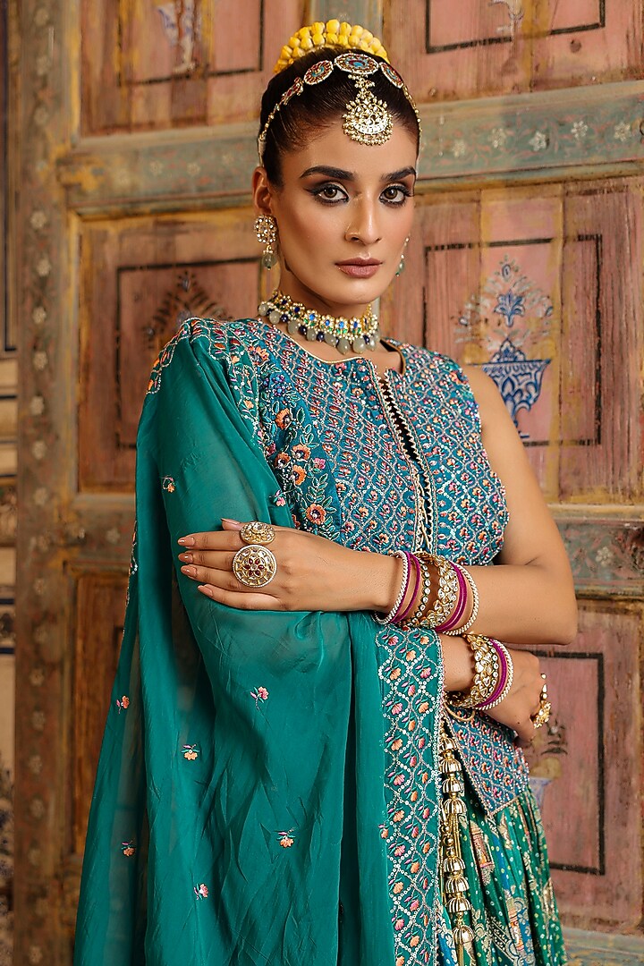 Teal Banarasi Jacquard Bandhani Printed Jacket Wedding Lehenga Set by Scakhi Luxe at Pernia's Pop Up Shop
