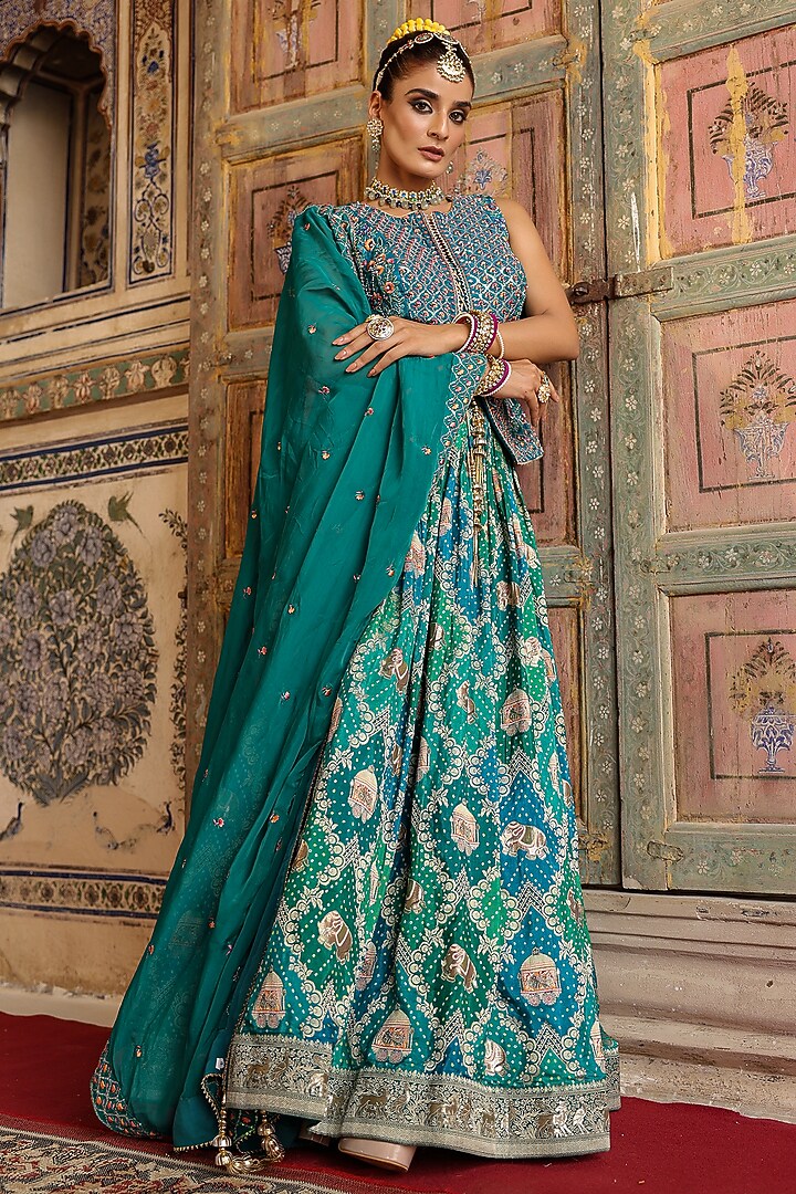 Teal Banarasi Jacquard Bandhani Printed Jacket Wedding Lehenga Set by Scakhi Luxe at Pernia's Pop Up Shop