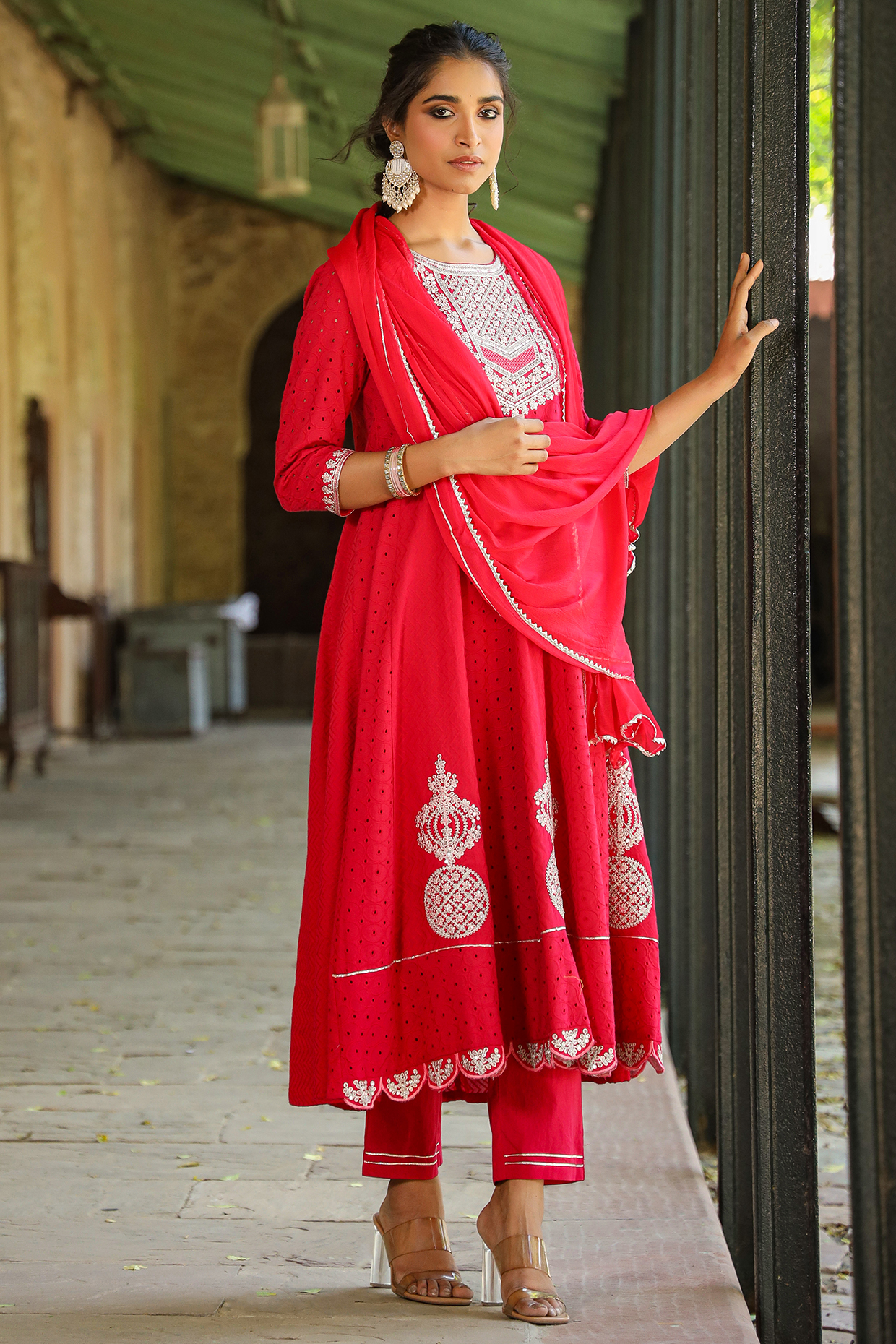 Fuchsia Cotton Schiffli Sequins Embroidered Anarkali Set by Scakhi Luxe at Pernia's Pop Up Shop