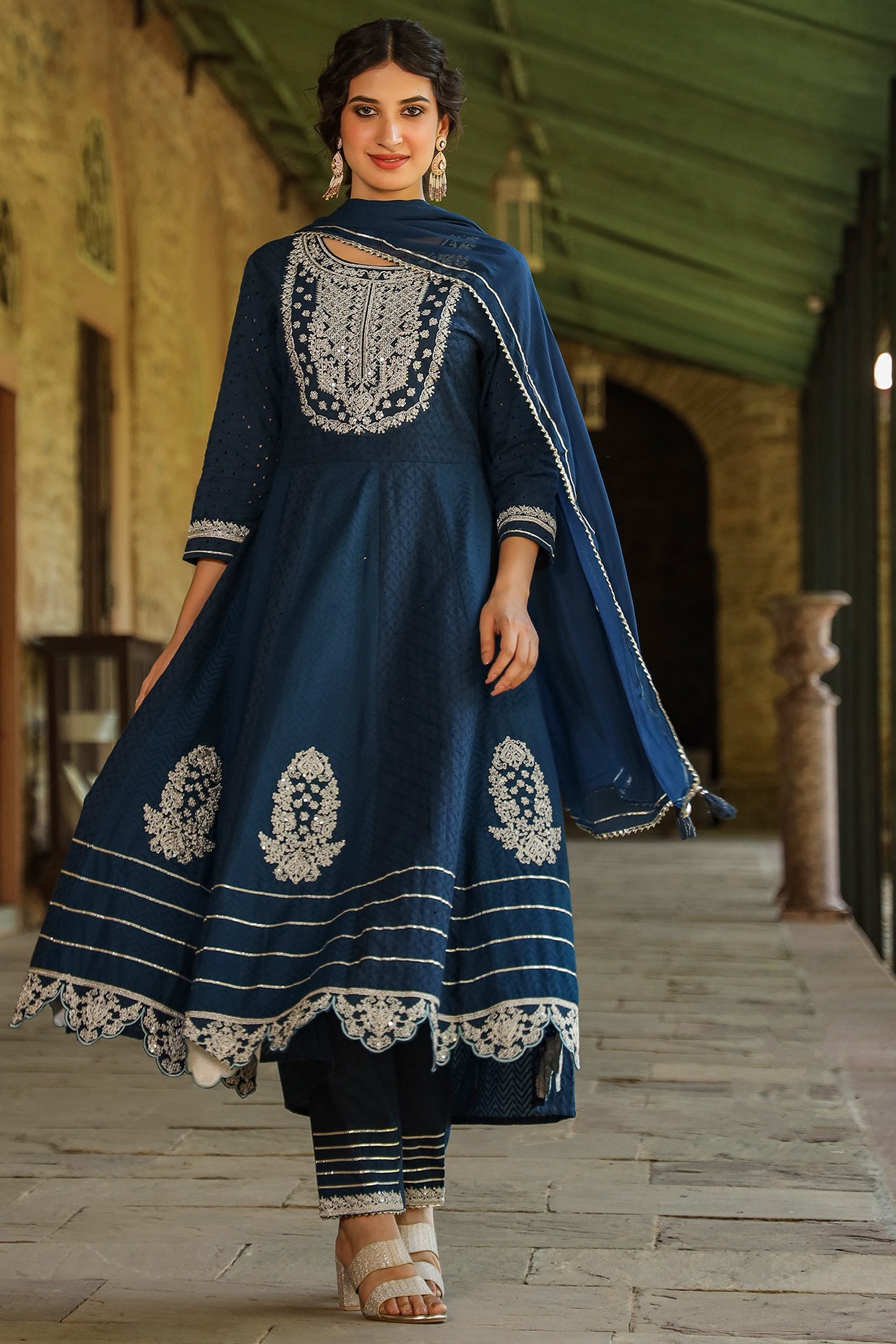 SCAKHI Sky Blue Cotton Embroidered Empire-Line Dress