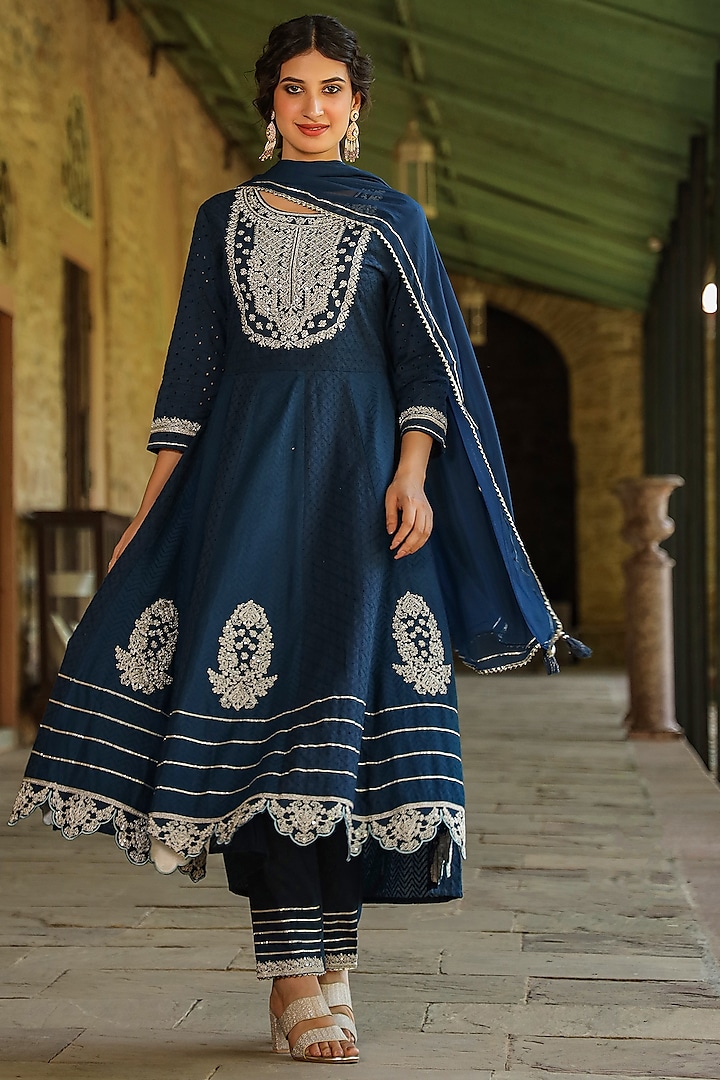 Navy Blue Cotton Schiffli Sequins Embroidered Anarkali Set by Scakhi