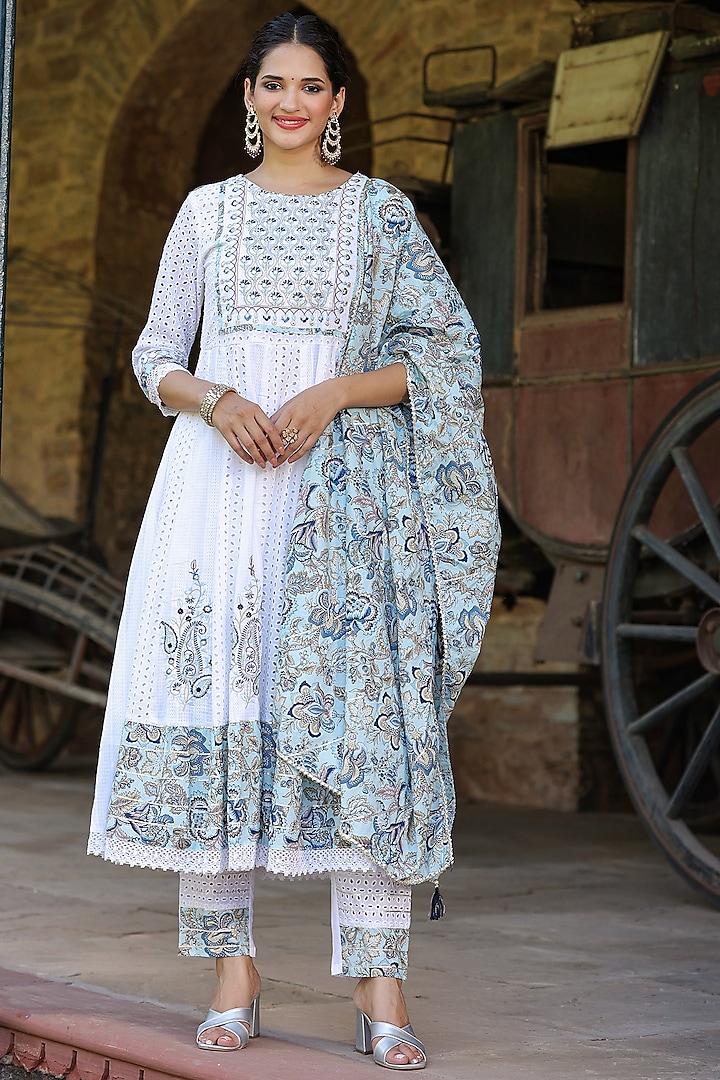 White Cotton Schiffli Sequins Embroidered Anarkali Set by Scakhi