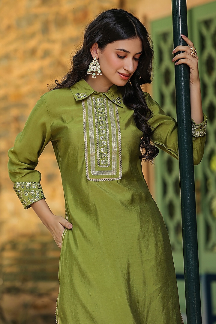 Green Modal Chanderi Gota-Lace Embellished Pathani Kurta Set Design by ...