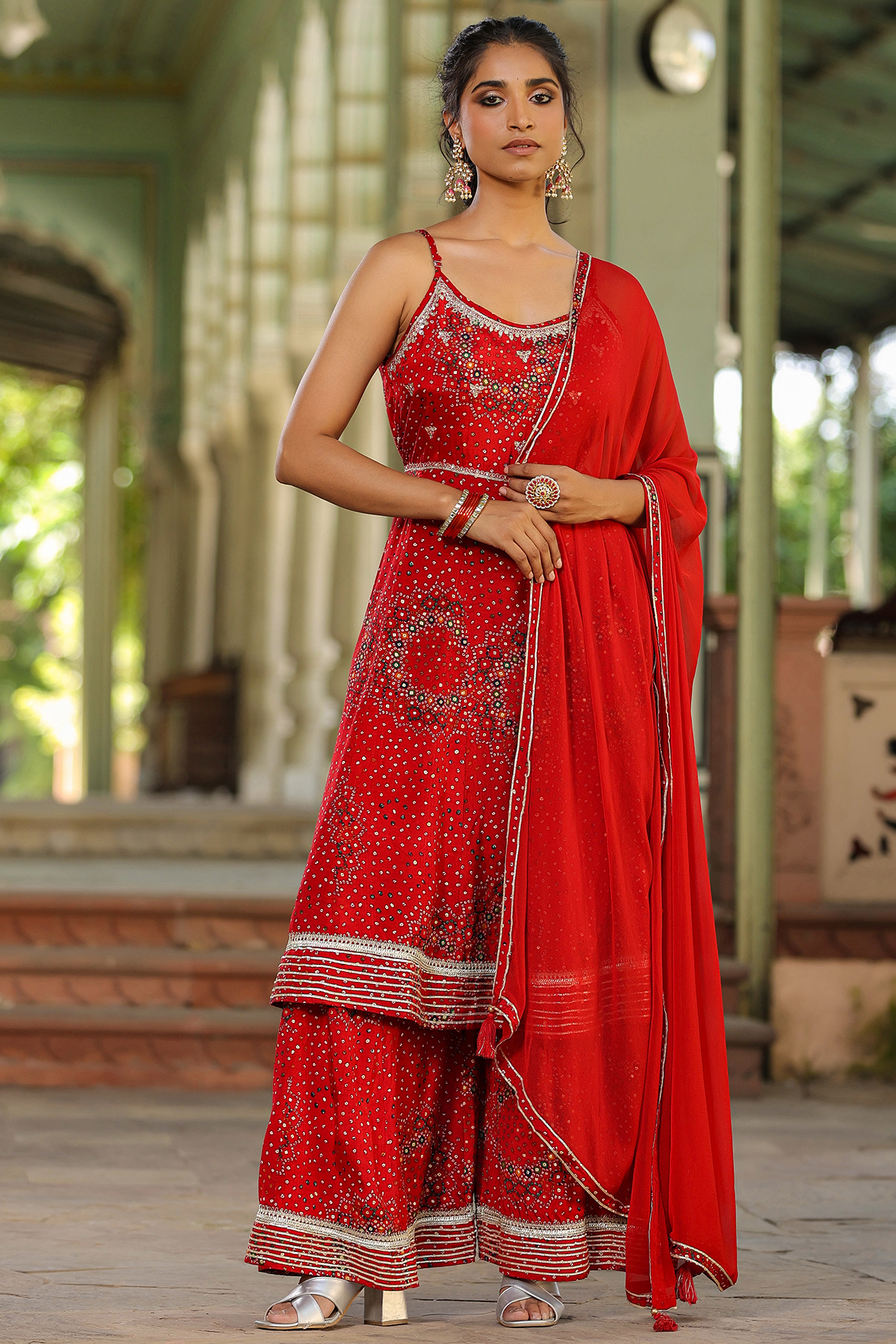 Red Lenzing Silk Thread Embellished Bandhani Kurta Set by Scakhi Luxe at Pernia's Pop Up Shop