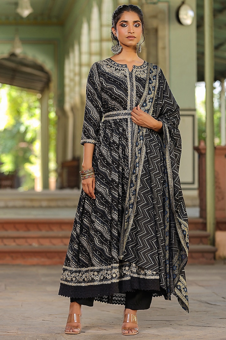 Black German Rayon Mirror Embroidered Anarkali Set by Scakhi Luxe at Pernia's Pop Up Shop