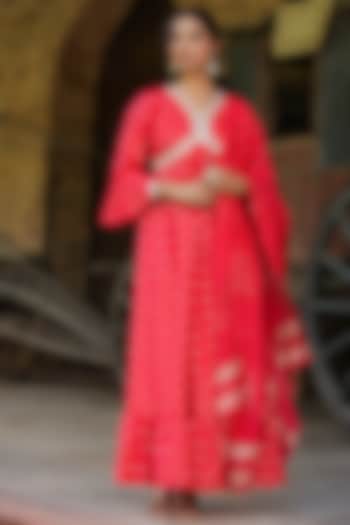 Red Cotton Jacquard Embellished Summer Dress With Dupatta by Scakhi Luxe at Pernia's Pop Up Shop