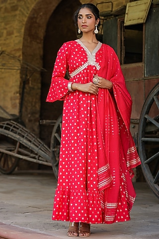 Red Cotton Jacquard Embellished Dress With Dupatta by Scakhi Luxe
