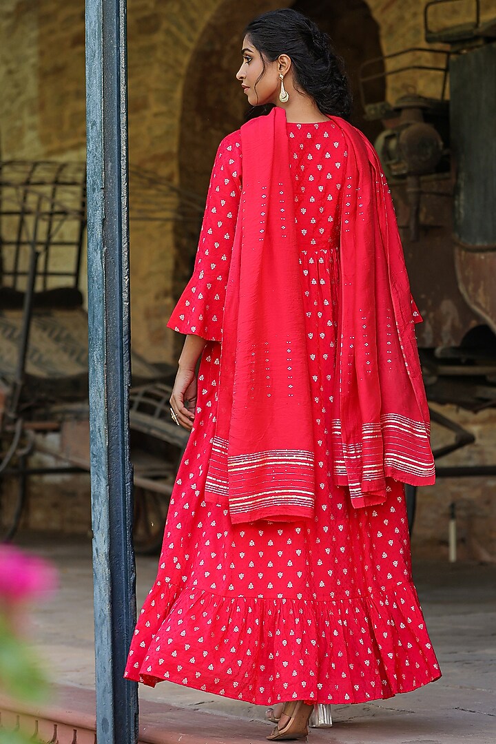 Red Cotton Jacquard Embellished Summer Dress With Dupatta by Scakhi Luxe at Pernia's Pop Up Shop