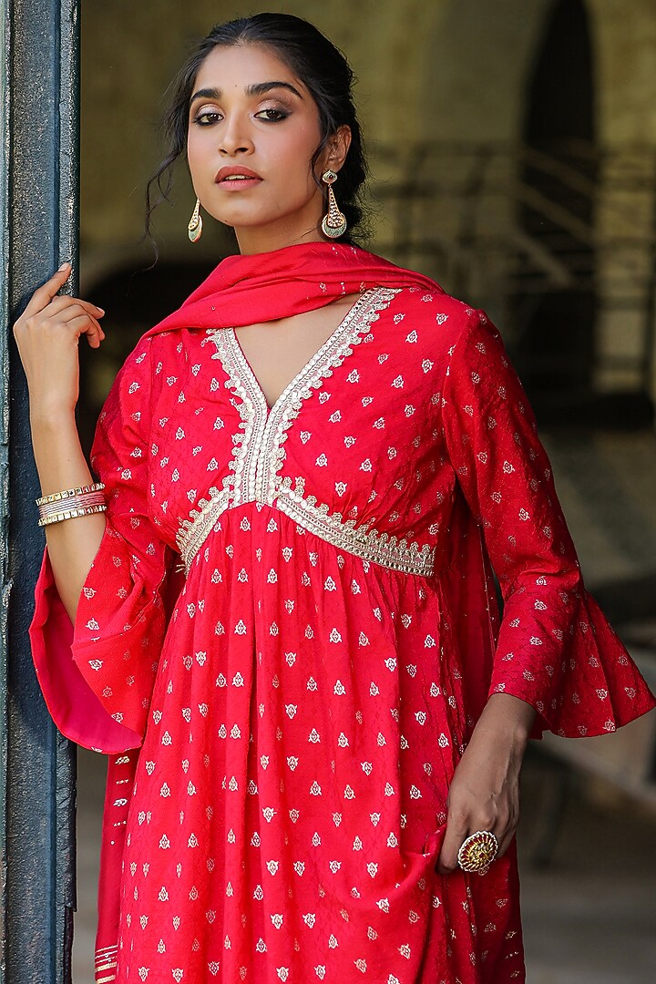 Red Cotton Jacquard Embellished Summer Dress With Dupatta by Scakhi Luxe at Pernia's Pop Up Shop