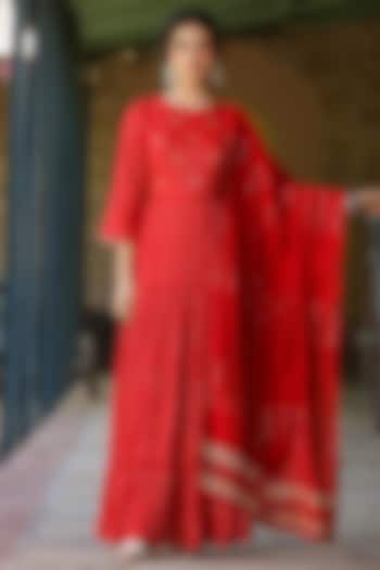 Red Cotton Jacquard Embellished Tiered Summer Dress With Dupatta by Scakhi Luxe at Pernia's Pop Up Shop