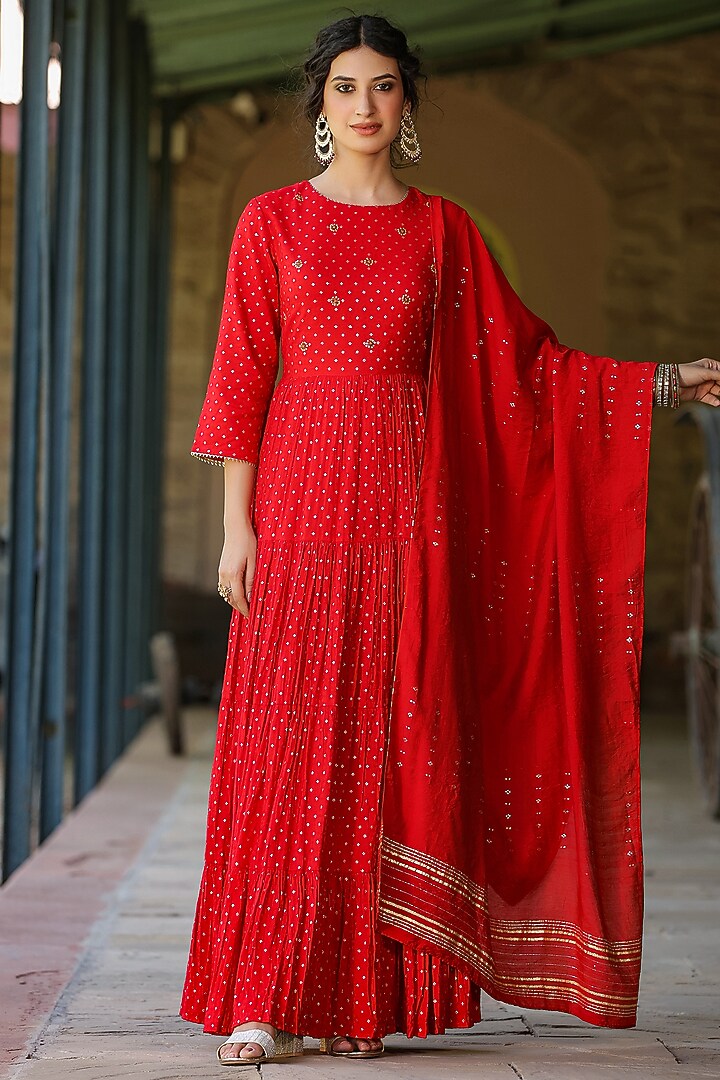 Red Cotton Jacquard Embellished Tiered Summer Dress With Dupatta by Scakhi Luxe at Pernia's Pop Up Shop