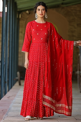 Red Cotton Jacquard Embellished Tiered Dress With Dupatta by Scakhi Luxe