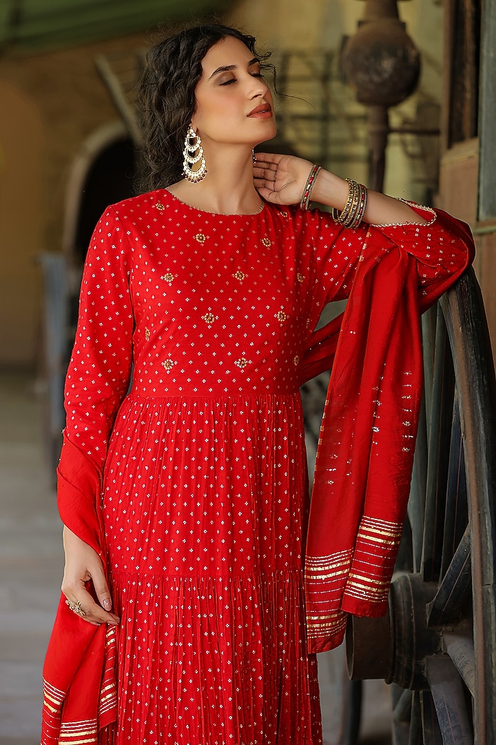 Red Cotton Jacquard Embellished Tiered Summer Dress With Dupatta by Scakhi Luxe at Pernia's Pop Up Shop