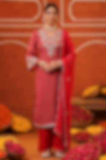 Red Chinon Silk Bandhani Printed & Embroidered Kurta Set by Scakhi Luxe at Pernia's Pop Up Shop