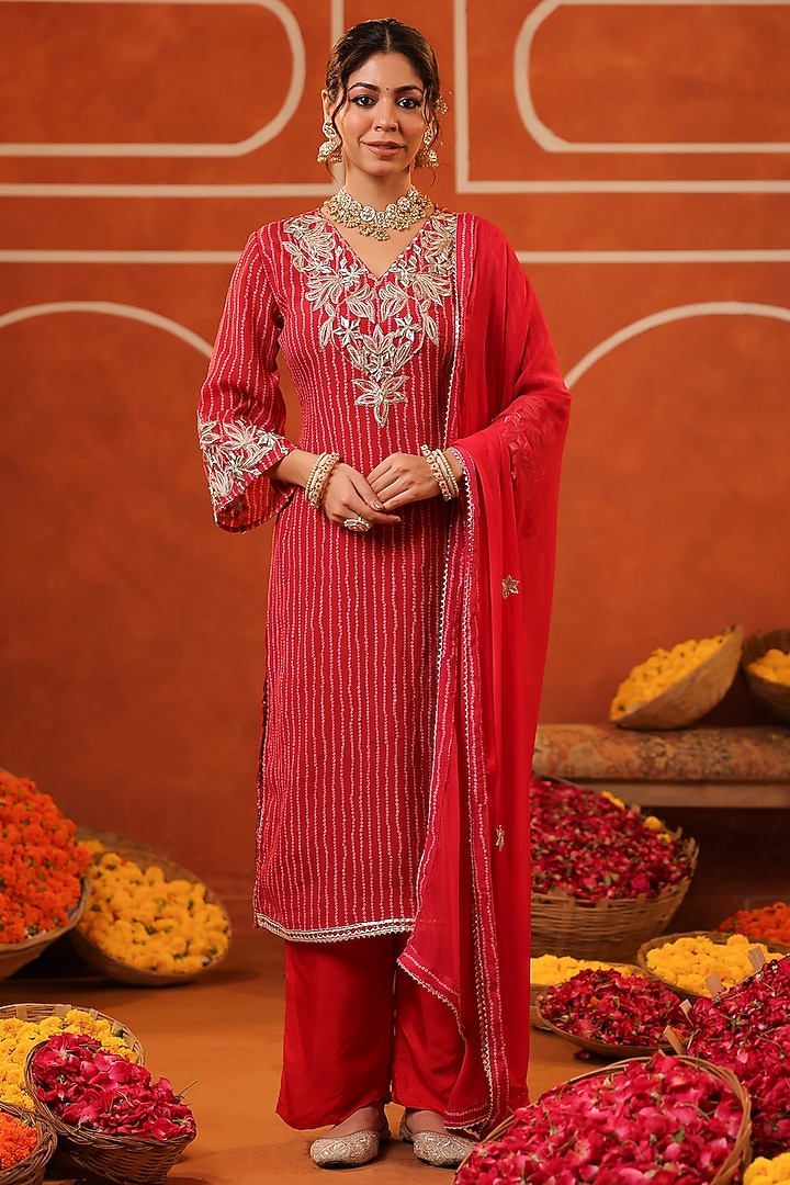 Red Chinon Silk Bandhani Printed & Embroidered Kurta Set by Scakhi Luxe at Pernia's Pop Up Shop