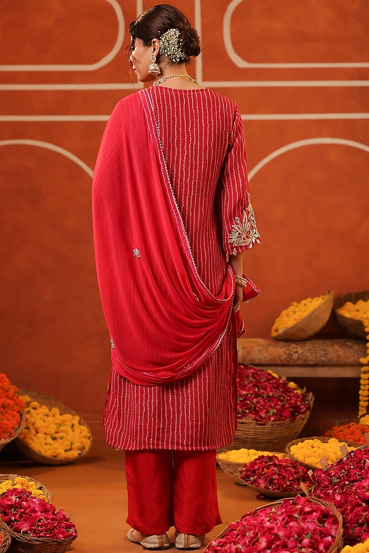 Red Chinon Silk Bandhani Printed & Embroidered Kurta Set by Scakhi Luxe at Pernia's Pop Up Shop
