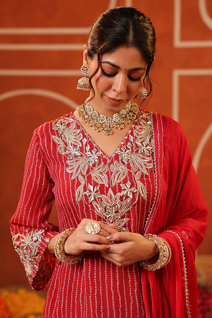 Red Chinon Silk Bandhani Printed & Embroidered Kurta Set by Scakhi Luxe at Pernia's Pop Up Shop