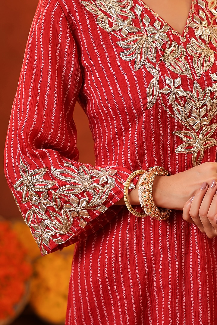 Red Chinon Silk Bandhani Printed & Embroidered Kurta Set by Scakhi Luxe at Pernia's Pop Up Shop