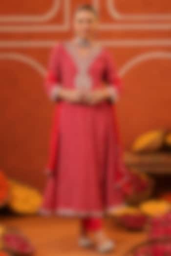 Hot Pink Chinon Silk Bandhani Printed Paneled Anarkali Set by Scakhi Luxe at Pernia's Pop Up Shop