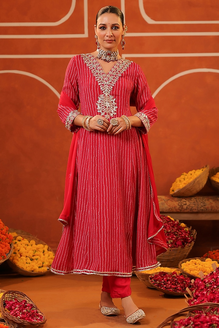 Hot Pink Chinon Silk Bandhani Printed Paneled Anarkali Set by Scakhi Luxe at Pernia's Pop Up Shop