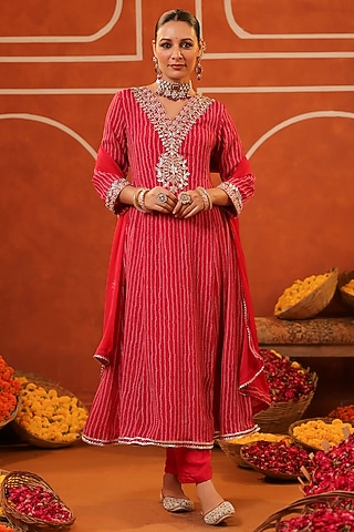 Hot Pink Chinon Silk Bandhani Printed Paneled Anarkali Set by Scakhi Luxe