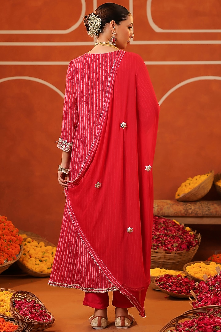 Hot Pink Chinon Silk Bandhani Printed Paneled Anarkali Set by Scakhi Luxe at Pernia's Pop Up Shop
