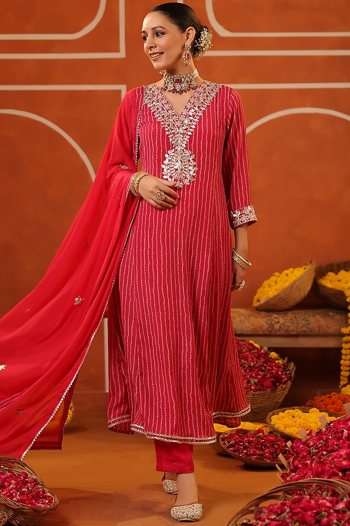 Hot Pink Chinon Silk Bandhani Printed Paneled Anarkali Set by Scakhi Luxe at Pernia's Pop Up Shop